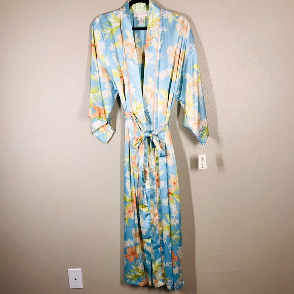 Oscar de la Renta Pink Label Blue and Cream Hibiscus Bloom Full Length Robe - Picture 1 of 7